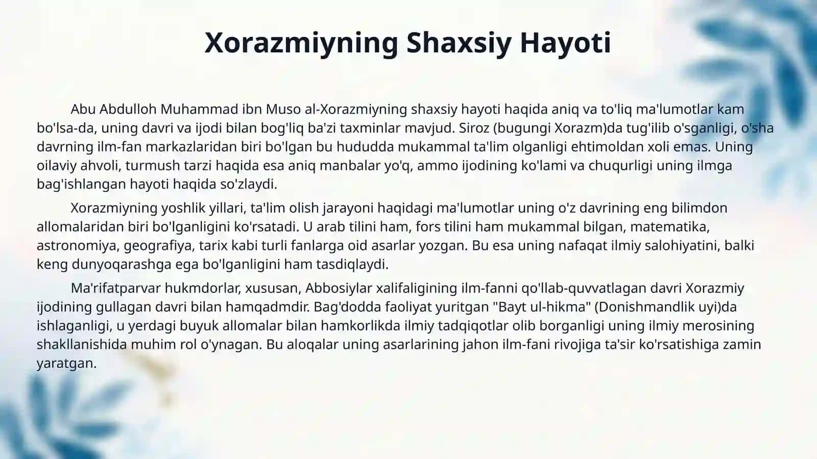 Xorazmiy hayoti va ijodi. “Muhabbatnoma” asari 4