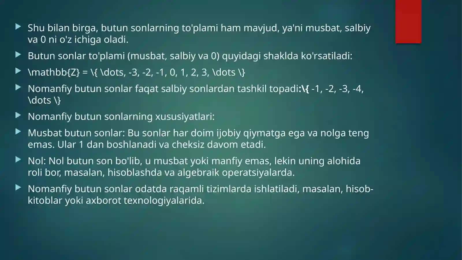 Nomanfiy butun sonlar ustida bajariladiganarifmetikamallar 4