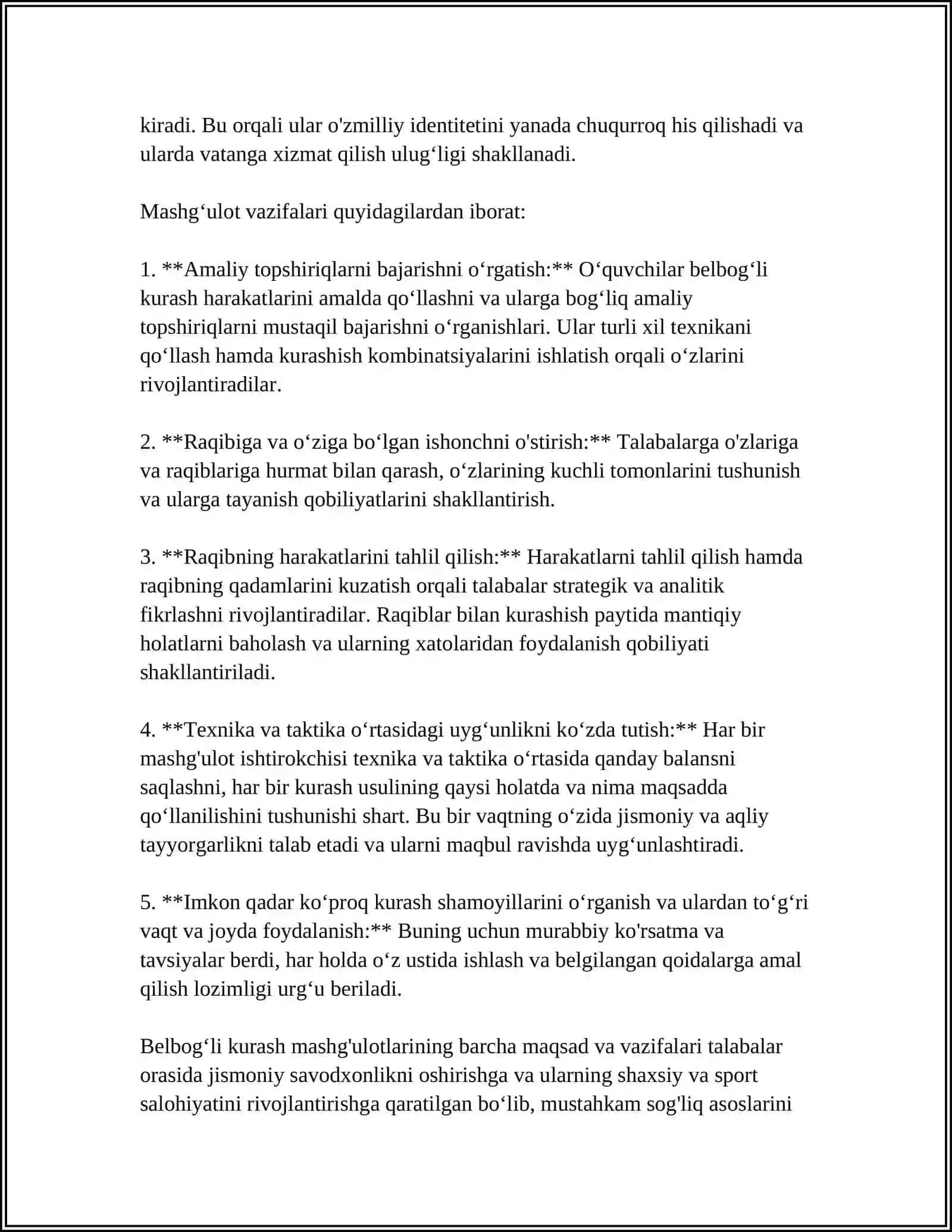 BELBOGLI KURASH MASHGULOTLARIDA DARS KONSPEKTI 4