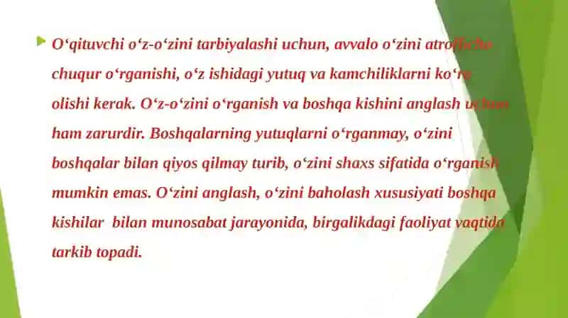 O‘Z-O‘ZINI TARBIYALASH VA O‘Z USTIDA ISHLASH. PEDAGOGIKA TAJRIBANI TO‘PLASH TIZIMI 4