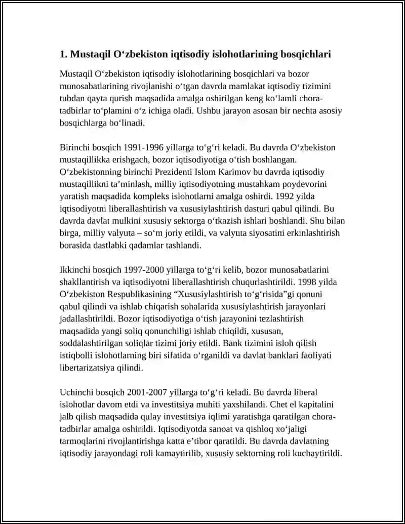 IQTISODIY ISLOHOTLAR, XUSUSIY MULKCHILIKNING SHAKLLANISHI. O‘ZBEKISTONDA BOZOR MUNOSABATLARINING RIVOJLANISHI 4