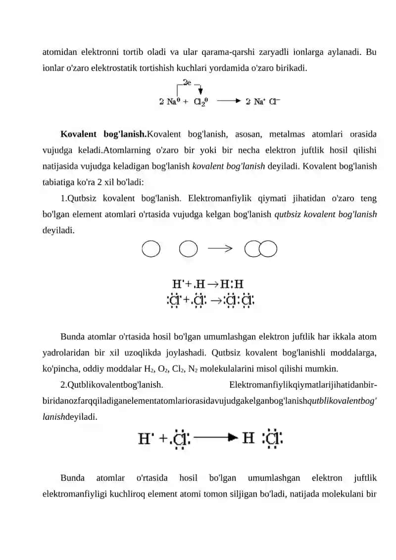 Molekulalar tuzilishi.Kimyoviy bog'lanish. Kovalent ion metal vodarod bog’lanishlar 4