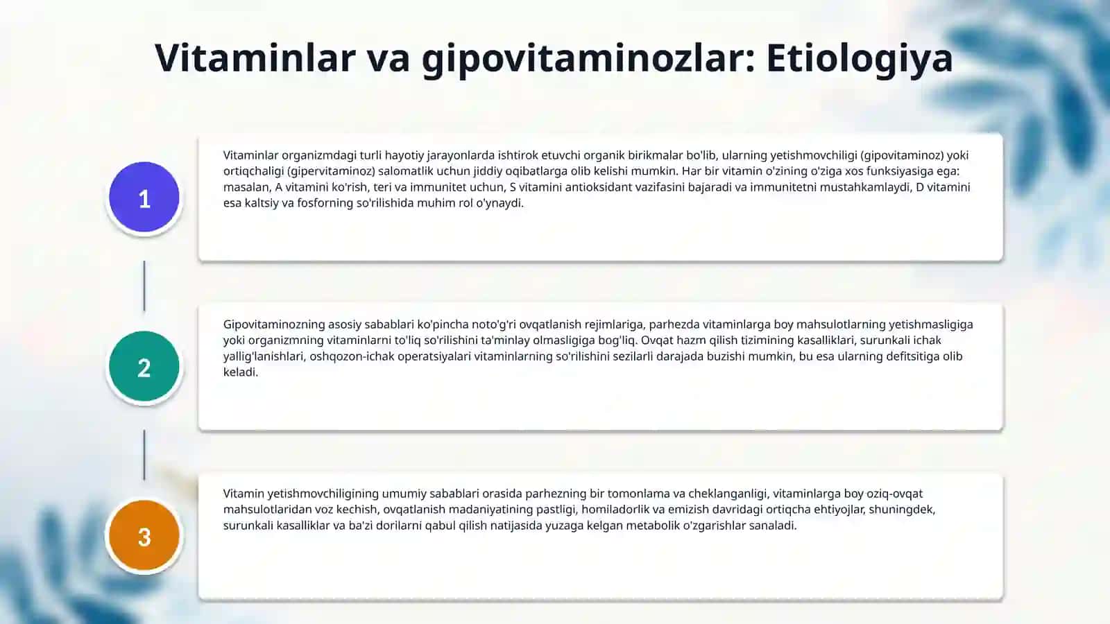 Avitaminov va gipovitaminozlar. Xirurgiyada gospital infeksiyani profilaktikasi. 4