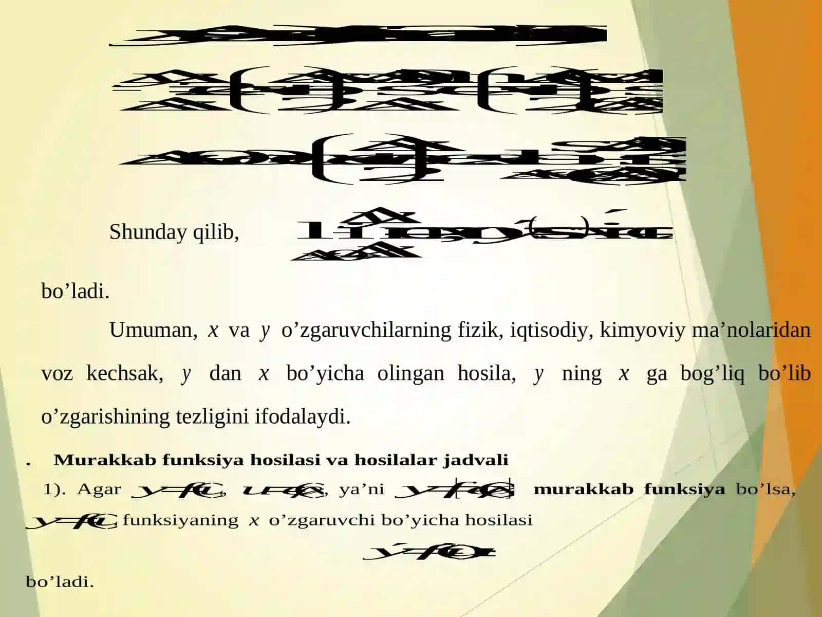 BIR О‘ZGARUVCHILI FUNKSIYA HOSILASI VA DIFFERENSIALI 4