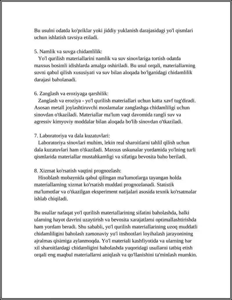 Yo'l qurilish materiallarining uzoq muddatli chidamliligini baholash usullari 4