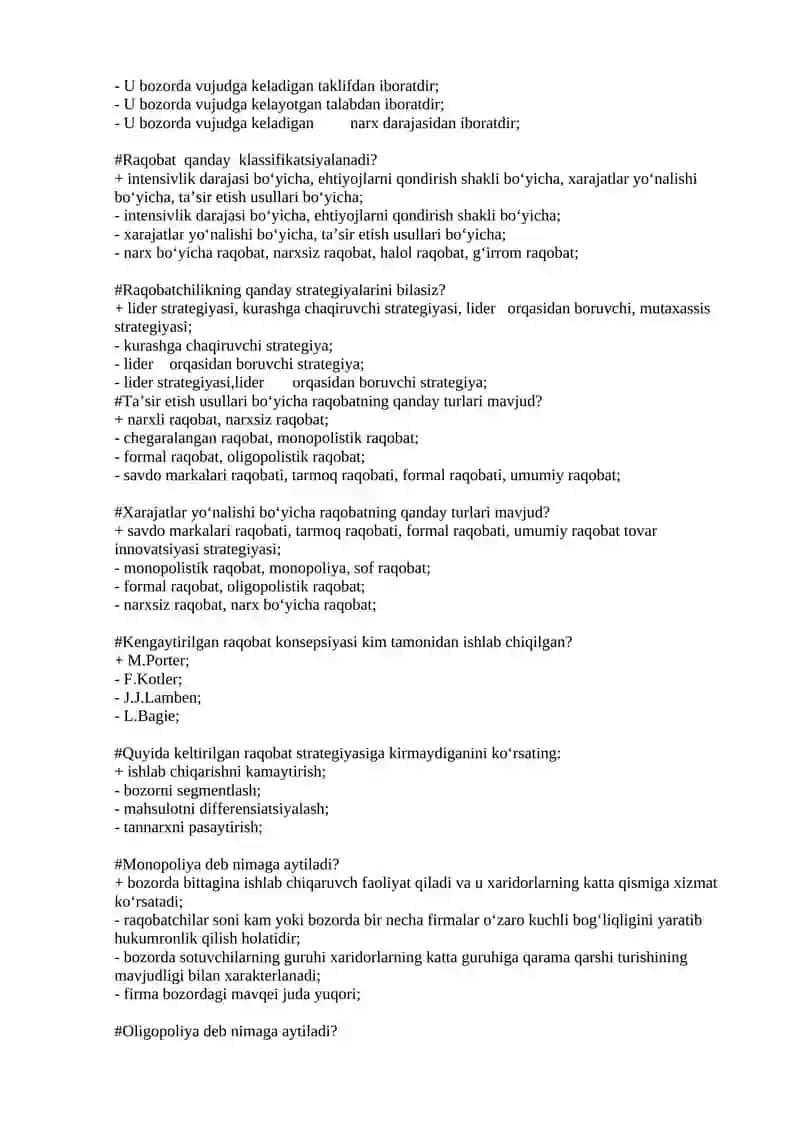 Marketingni boshqarish fanidan test savollari va javobolari 4