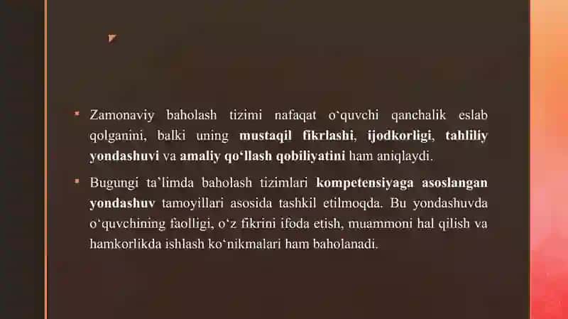 BILIMNI BAHOLASH TIZIMLARI.BILIMNI BAHOLASH TIZIMLARI HAQIDA TUSHUNCHA.BILIMLARNI BAHOLASHGA MO‘LJALLANGAN DASTURIY VOSITALAR HAQIDA MA’LUMOT VA ULARNING AFZALLIKLARI.TEST YARATISH VA O‘TKAZISH DASTURLARI: MYTEST, EASYQUIZZY, HOT POTATOES. 4