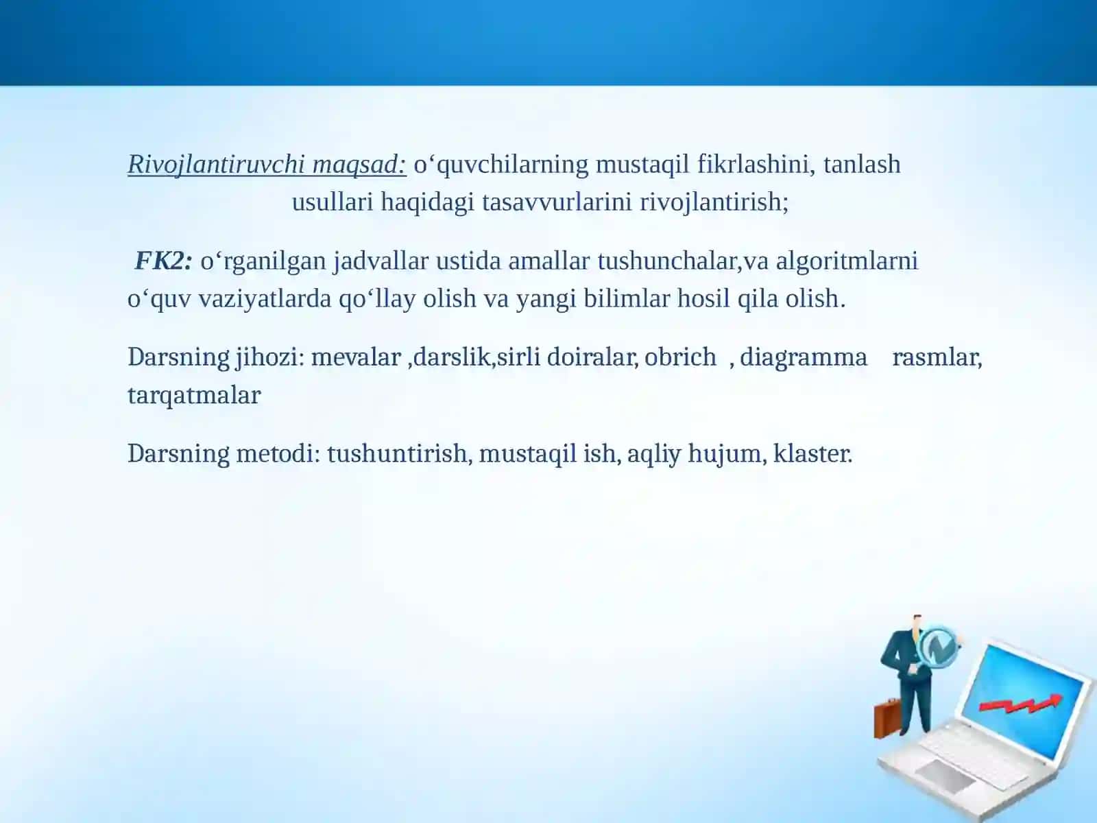 10-sinf Informatika fanidan MS Excelda jadvallar ustida amallar ochiq dars taqdimoti 4
