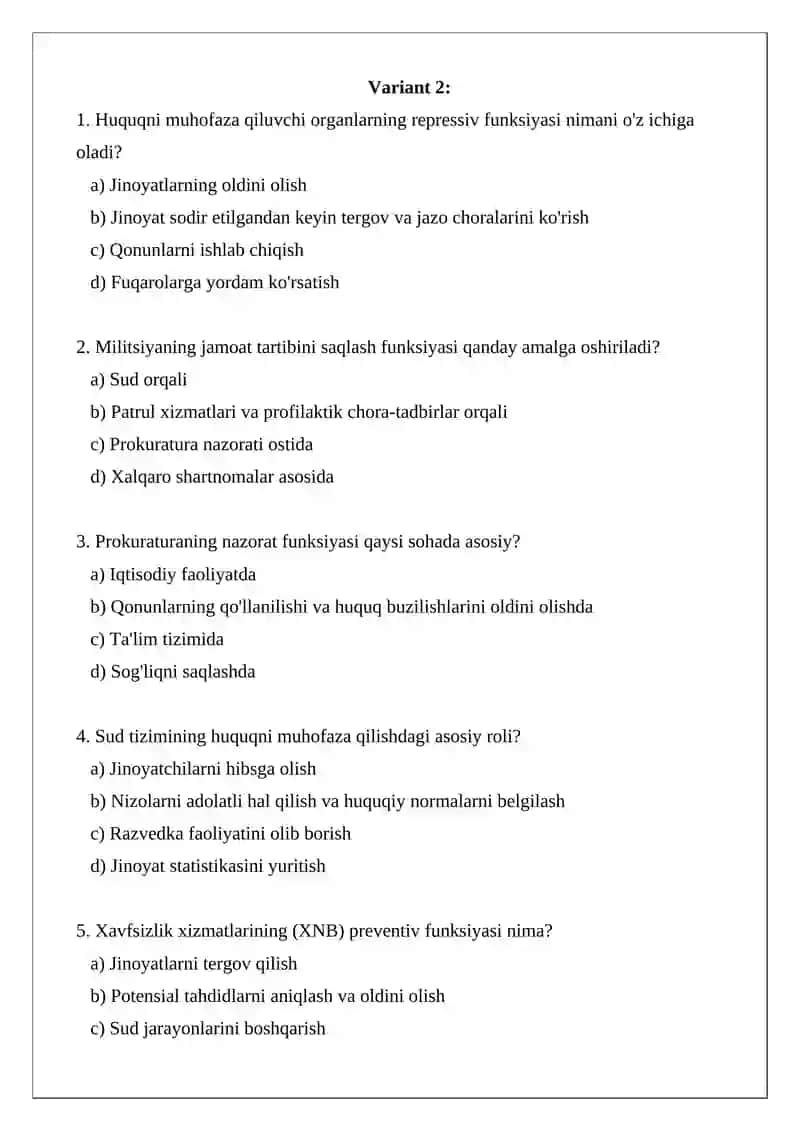 Huquqni muhofaza qiluvchi organlarning asosiy funksiyalari bo'yicha TEST. 4