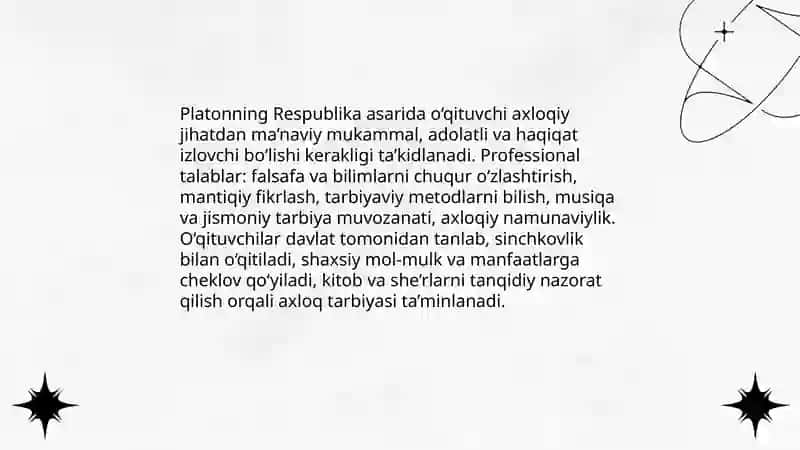 Eng qadimgi davrlardan eramizning 12-asrlarigacha o‘qituvchilik faoliyatidagi ijtimoiy qarashlar Yunon faylasuflari asarlarida o‘qituvchilarning kasbiy mahorati haqida g‘oyalar 4