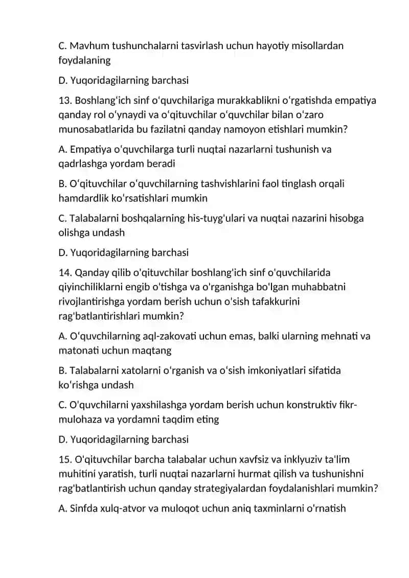 Davlat standartlari bo‘yicha boshlang‘ich sinf o‘qituvchilari uchun eng kam ta’lim malakalari 4