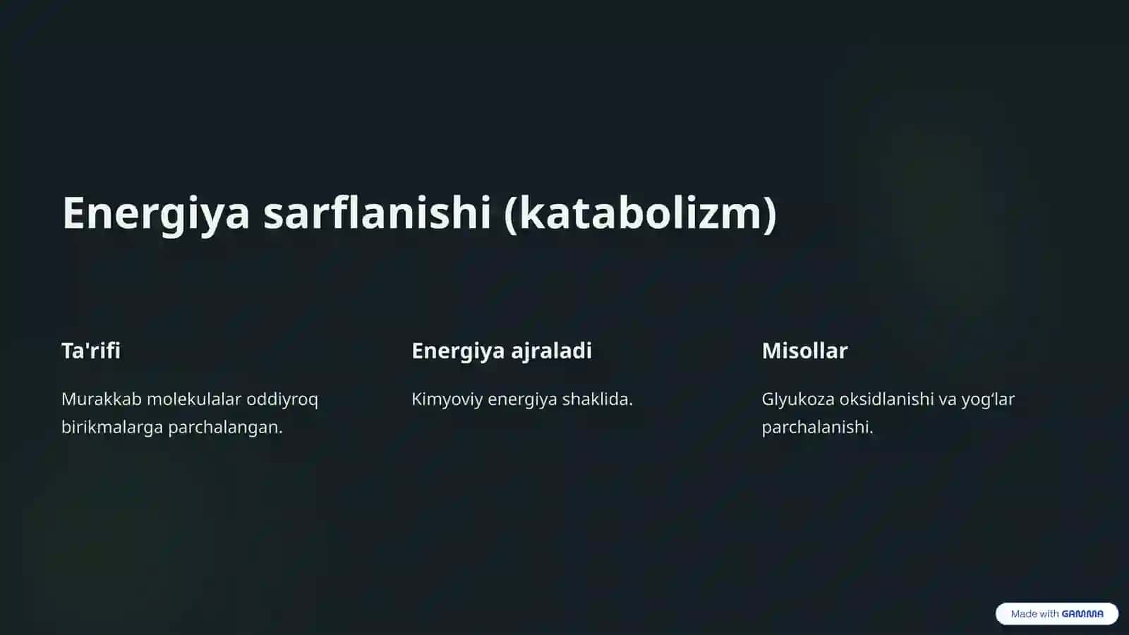 Metabolizm jarayonida energiya hosil bo’lishi va sarflanishi 4