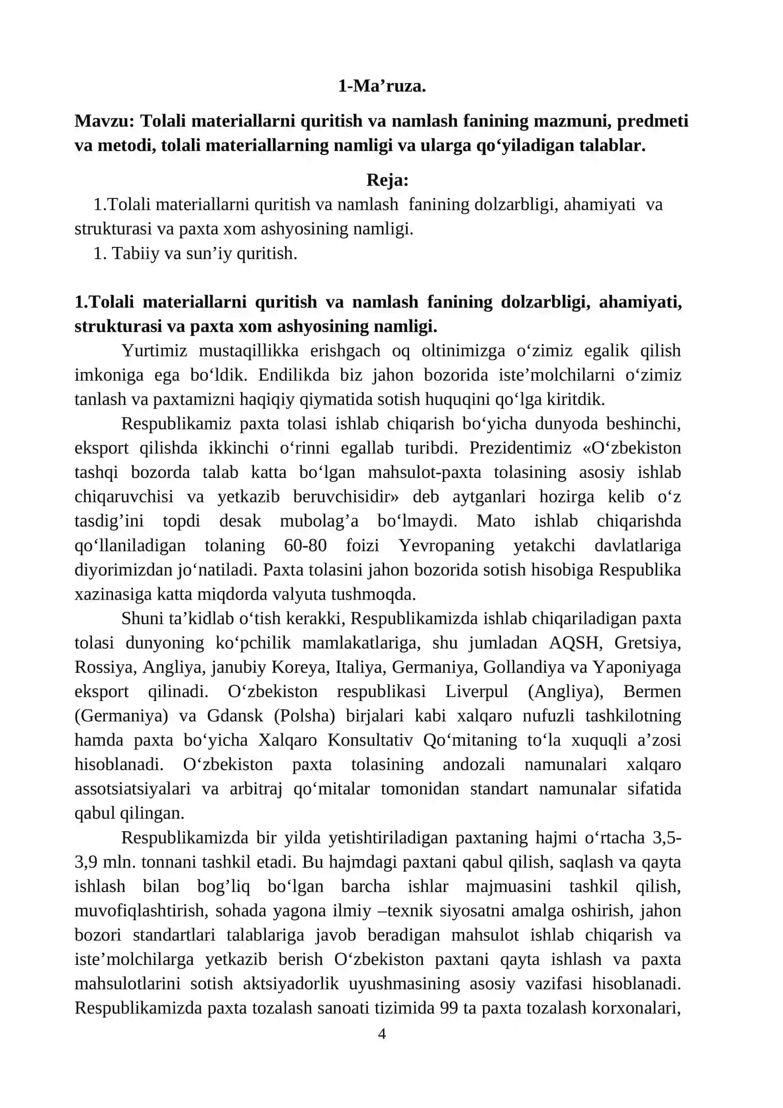 Tabiiy tolalarni dastlabki ishlash texnologiyasi (paxta) 4