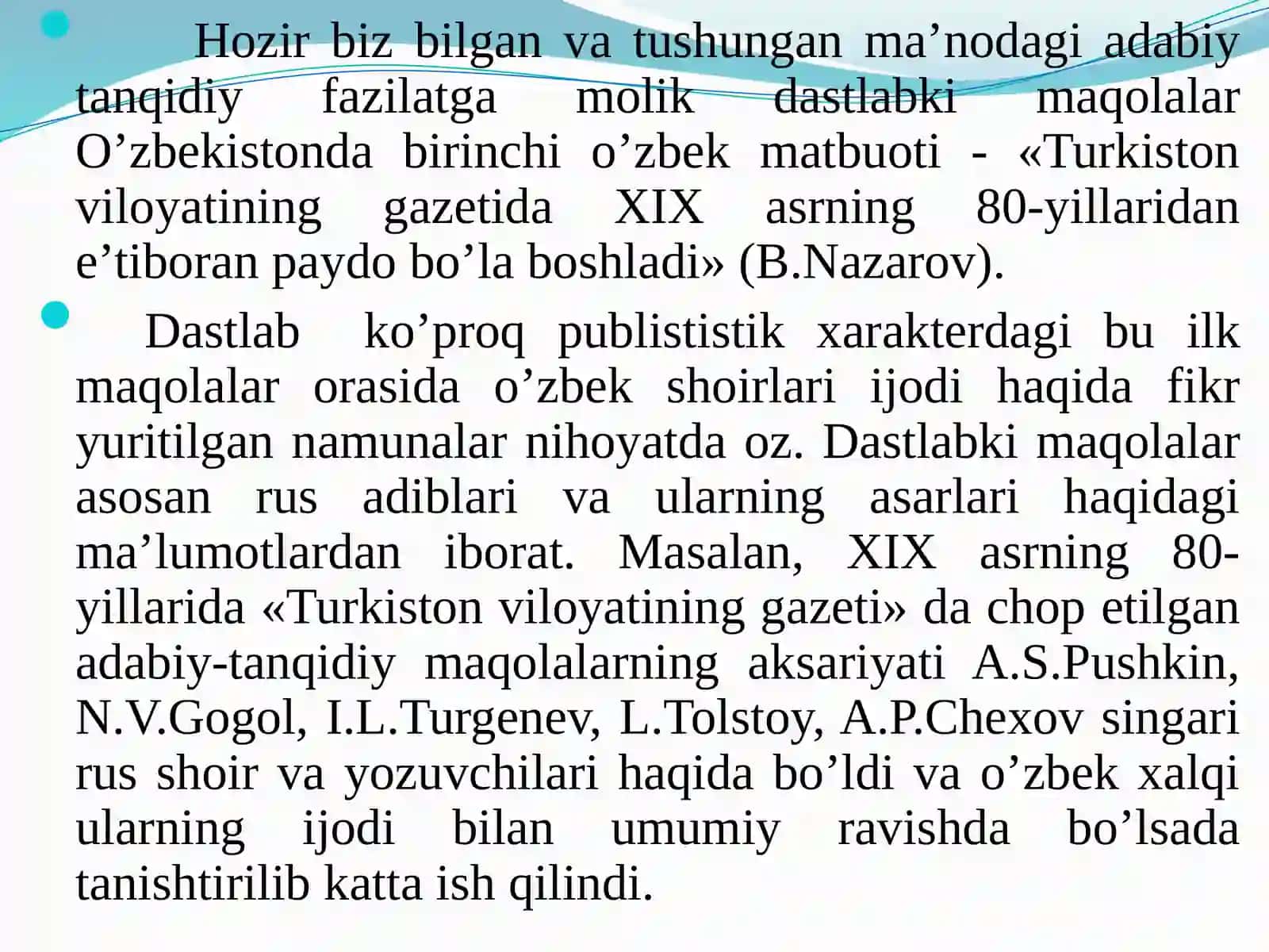 O`zbek adabiyoti tanqidi tarixi 4-ma’ruza. Yangi o’zbek tanqidchiligining shakllanishi 4