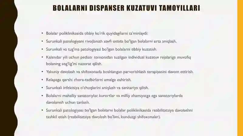 Bolalarni dispanser kuzatuvi tamoyillari. Sog'lom va bemor  bolalarni tibbiy ko'rikdan o'tkazish. Bolalarning sog'lom ovqatlanishini ta'minlash tamoyillari. Salomatlik guruhlari 4