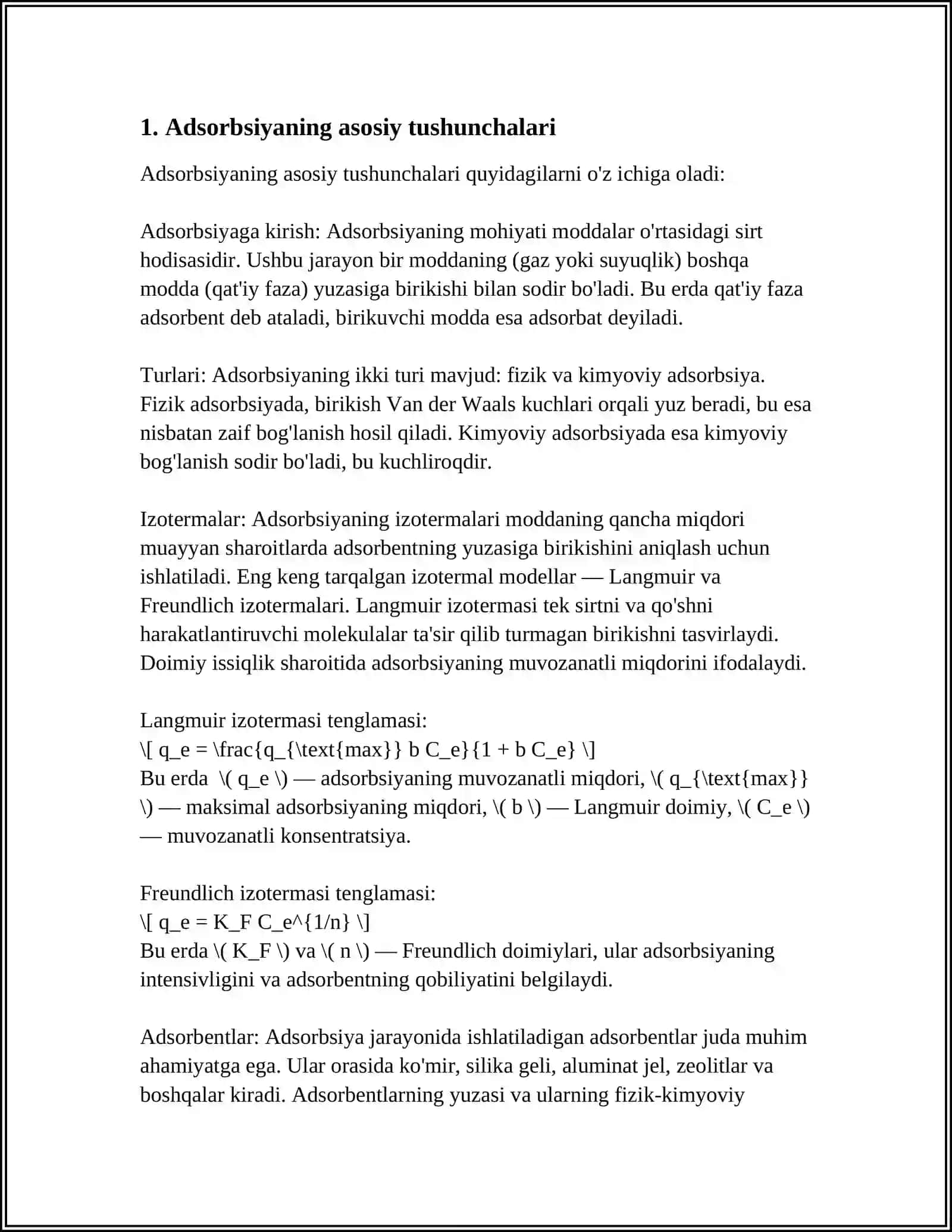 ADSORBSIYA.ADDRSORBSIYA USULIDA MODDALARNING ADSORBENT SIRTIDA YUTILISH DARAJALARINI OʻRGANISH.KIMYOVIY REAKSIYALARNING TEZLIGIGA TAʼSIR ETUVCHI OMILLAR 4