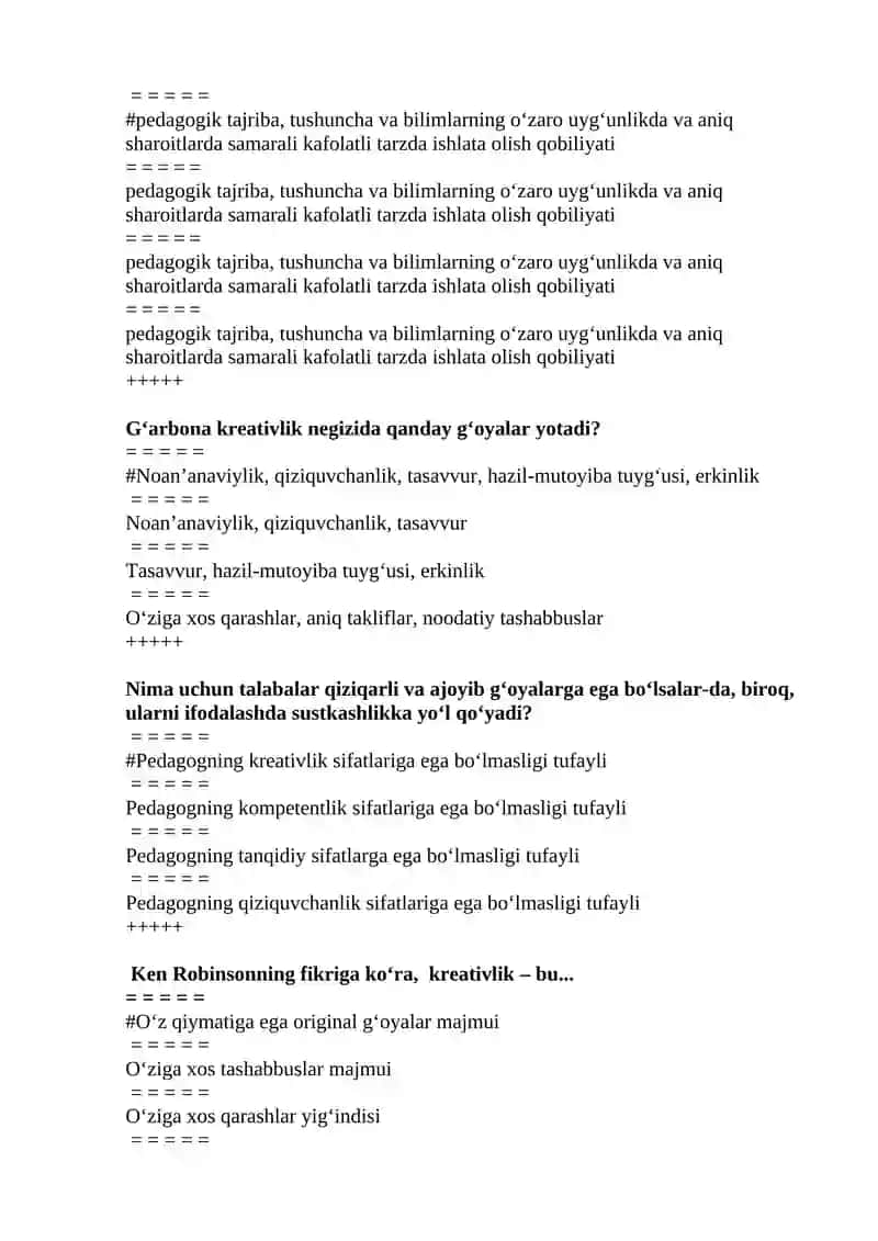 KREATIV PEDAGOGIKA FANIDAN YAN TEST SAVOLLARI 4