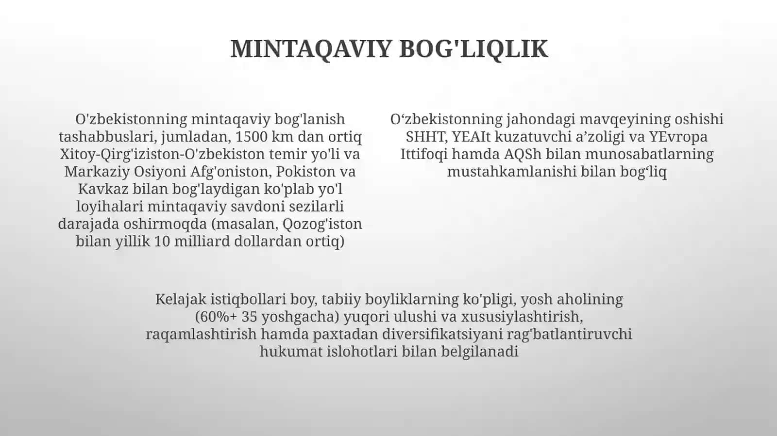 O'zbekiston Respublikasining jahon hamjamiyatida tutgan o'rni va rivojlanish istiqbollari 4