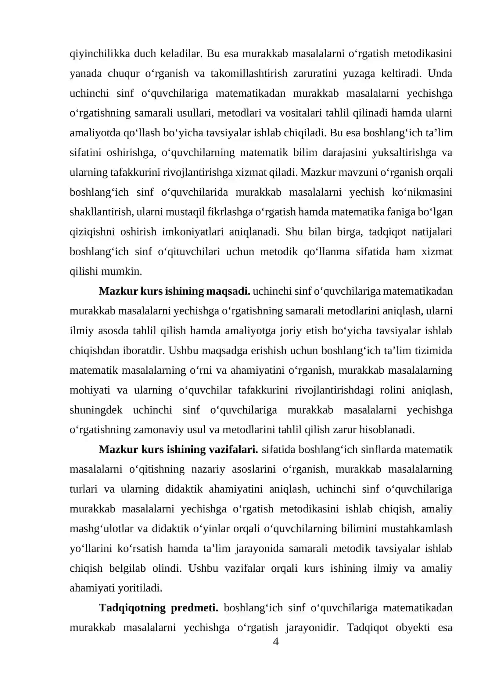 Uchinchi sinfda matematikadan murakkab masala va ularni yechishga oʻrganish metodikasi. 4