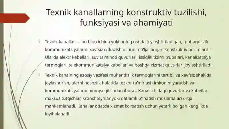 Loyihalash ishlarida yertolalar va texnik kanallarning konstruktiv yechimlari 4