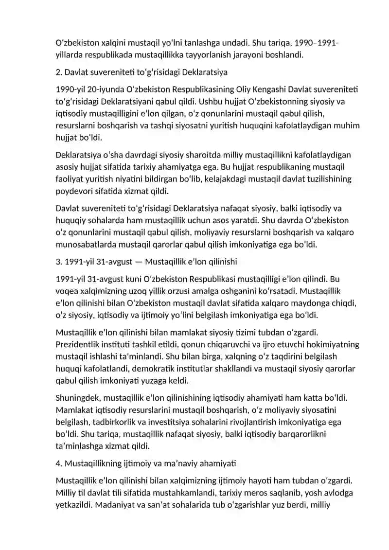MUSTAQIL O’ZBEKISTON RESPUBLIKASI TASHKIL TOPISHING TARIXIY AHAMIYATI 4