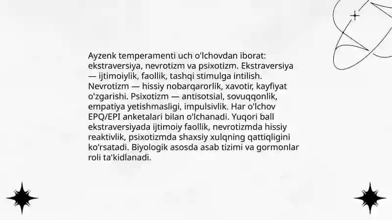 G.Ayzenk shaxsiy so‘rovnomasi (Temperamentni aniqlash metodikasi Sotsionika. V.V. Gulenko testi (Shaxs turlari. Munosabatlar jadvali) 4