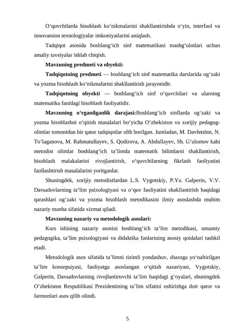"Boshlang'ich sinf o'quvchilarida og'zaki va yozma hisoblashni shakllantirish metodikasi" 4