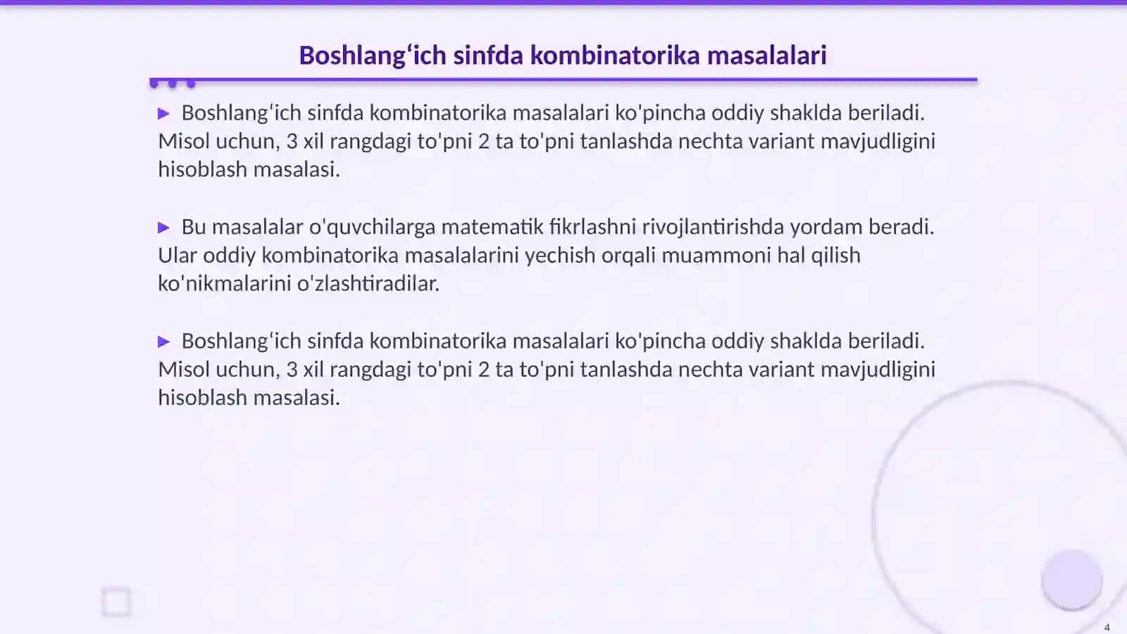 Boshlang‘ich sinfda uchraydigan kombinatorika masalalarini tahlil qilish masalalarini yechish usullarini o‘rgatish 4