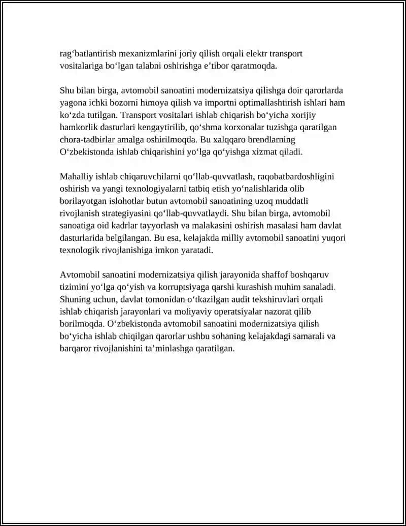 OʻZBEKISTON RESPUBLIKASIDA AVTOMOBIL SANOATI VA TRANSPORTINI RIVOJLANTIRISH BOʻYICHA HUKUMAT QARORLARI 4