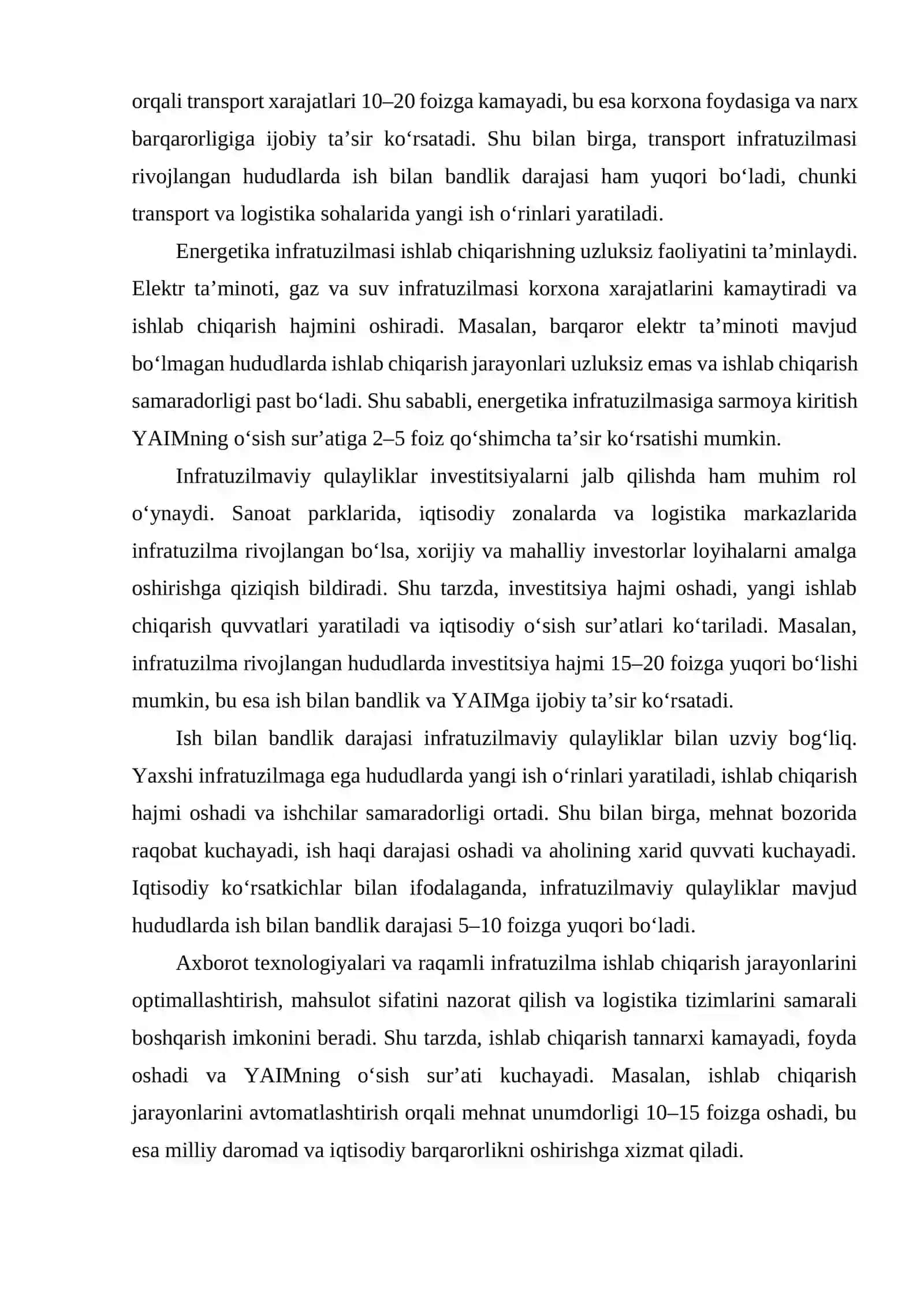 Ishlab chiqarishni takomillashtirishda infratuzilmaviy qulayliklarni baholash yo‘nalishlarini ishlab chiqish 4