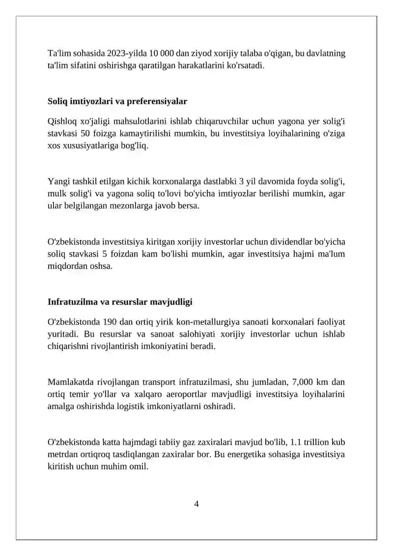 Xorijiy investorlar va investitsiyalar uchun qulay rejimi 4