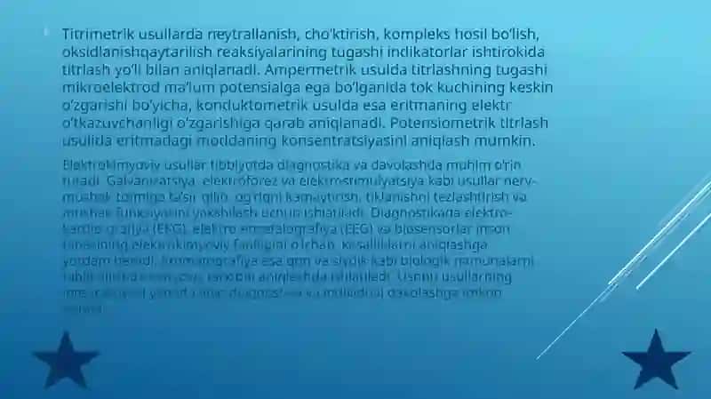 Elektrokimyoviy davolash va diagnostika usullari. Xromatagrafiyaning tibbiy izlanishlardagi imkoniyatlari 4