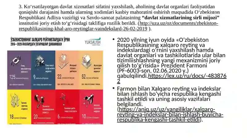 Oʻzbekiston Respublikasining xalqaro reyting va indekslardagi oʻrni va nufuzini ortib borishi 4