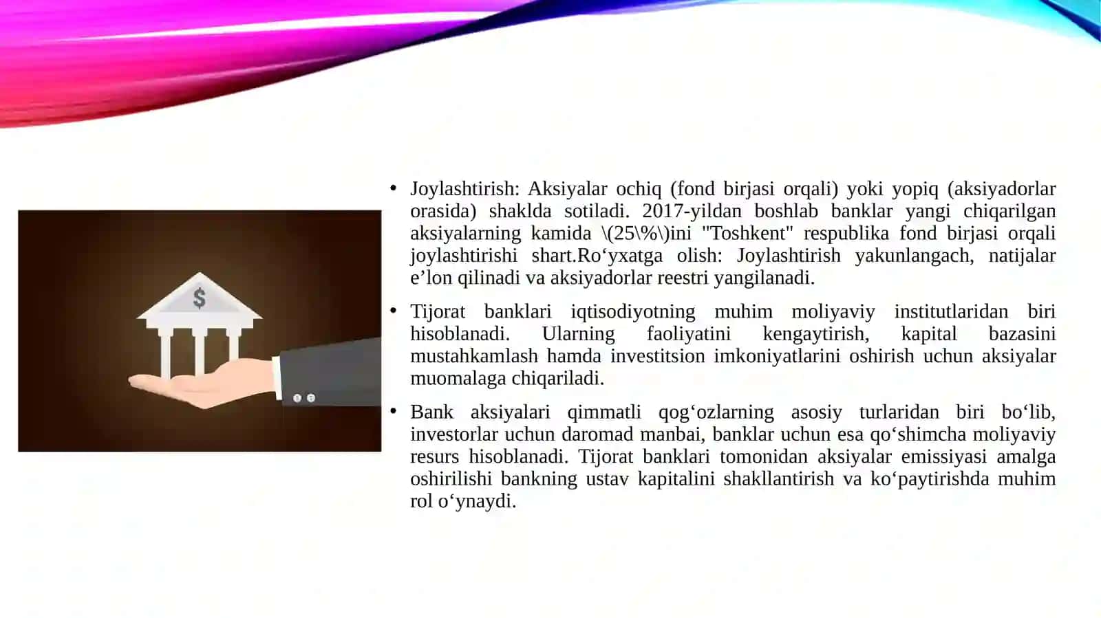 Tijorat banklari tomonidan oʻz aksiyalarini muomalaga chiqarish va ularning hisobi 4