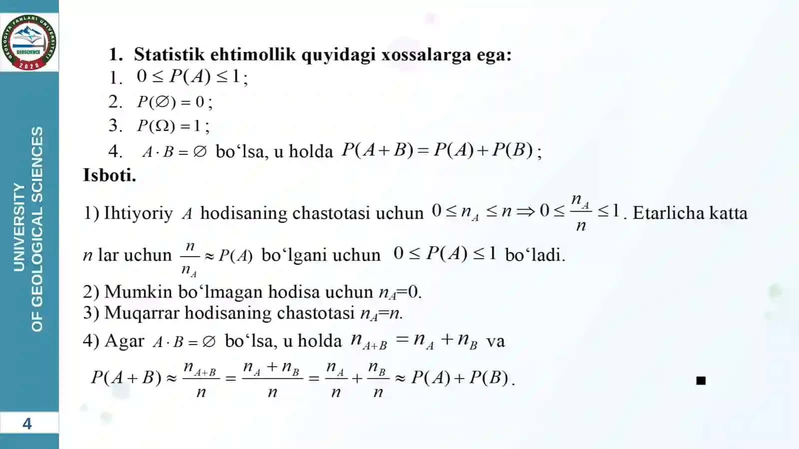 EXTIMOLLAR NAZARIYASI VA MATEMATIK STATISTIKA FANIDAN MA’RUZA MASHG’ULOTI 4
