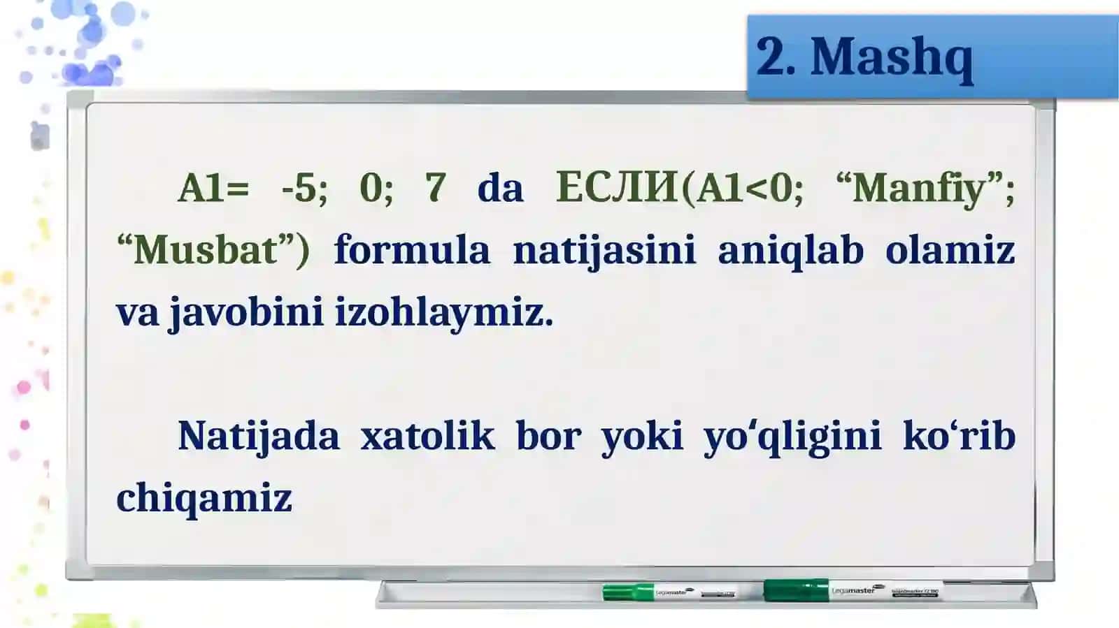 Elektron jadvalda mantiqiy elementlarni qo‘llash mavzusida amaliy mashg‘ulot 4