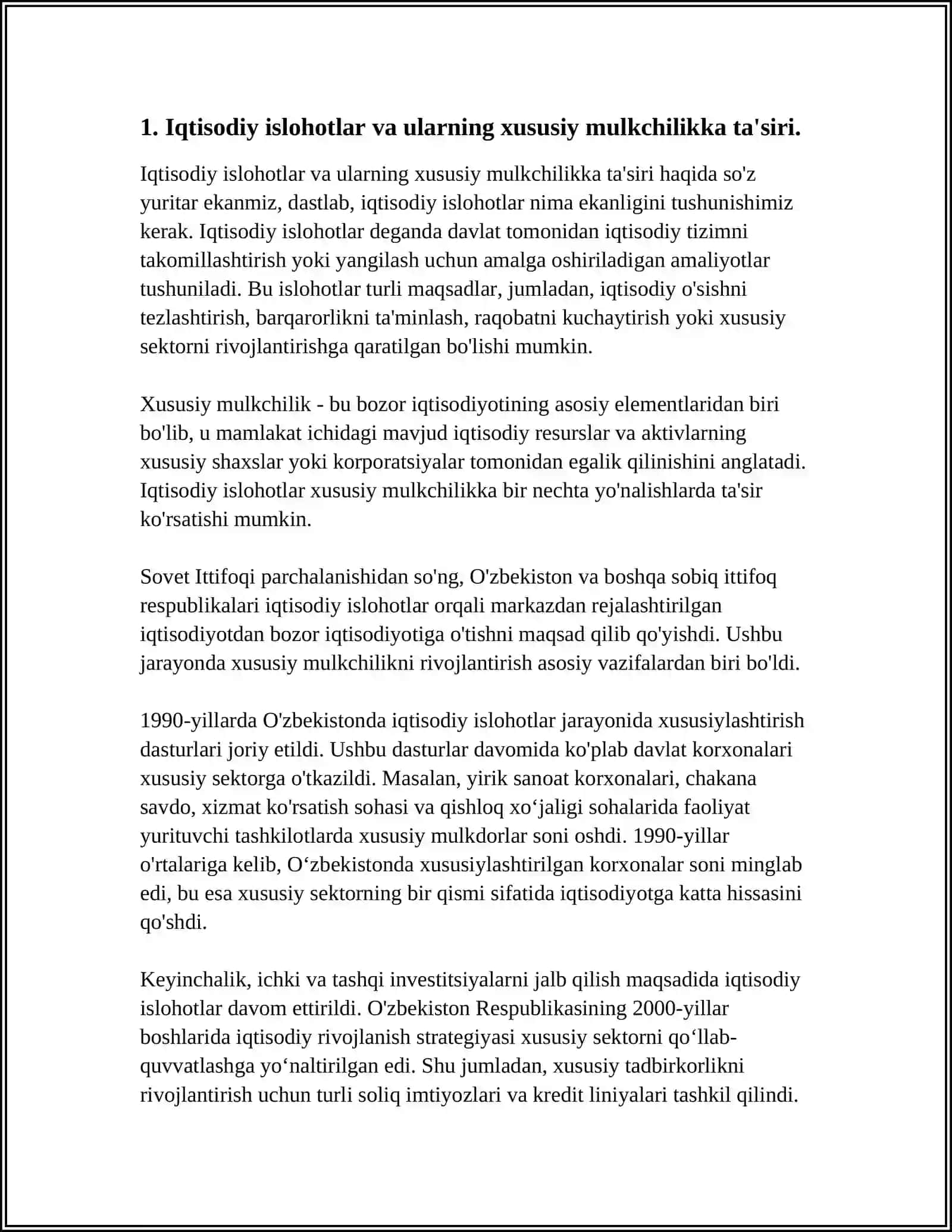 IQTISODIY ISLOHOTLAR XUSUSIY MULKCHILIKNI SHAKILLANISHI. OʻZBEKISTON BOZOR MUNOSABATLARINING RIVOJLANISHI 4