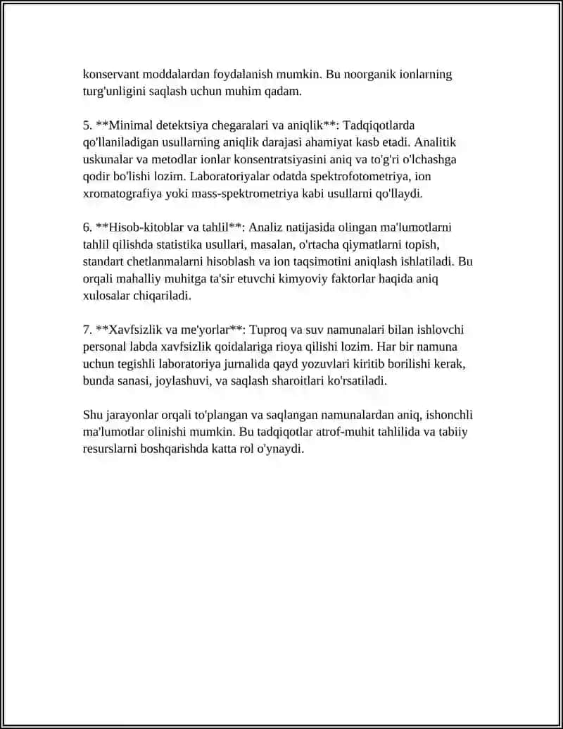 TUPROQ VA SUVNING IFLOSLANISHDA ION BOGʻLANISHLI BIRIKMALAR ANIQLAB,ULARDAN TOZALASH USULINI ISHLAB CHIQISH 4