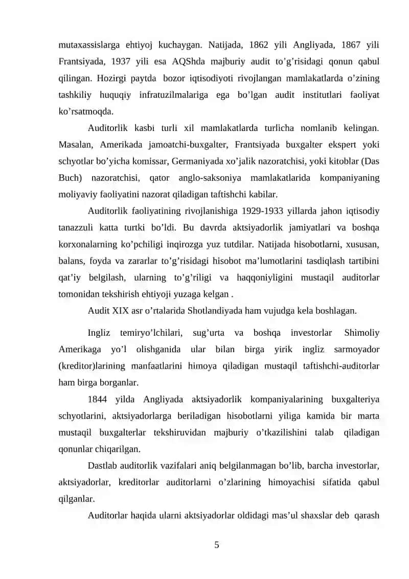 Auditorlik faoliyatini tashkil etishning huquqiy asoslari va uning rivojlanish bosqichlari 4