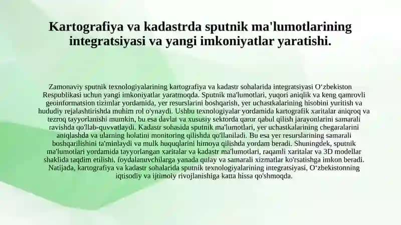 Zamonaviy sputnik texnologiyalarini geodeziya navigatsiya kartografiya kadastr axborot xizmati va boshqa masalalarni yechishda Oʻzbekiston Respublikasi hududida foydalanish. 4