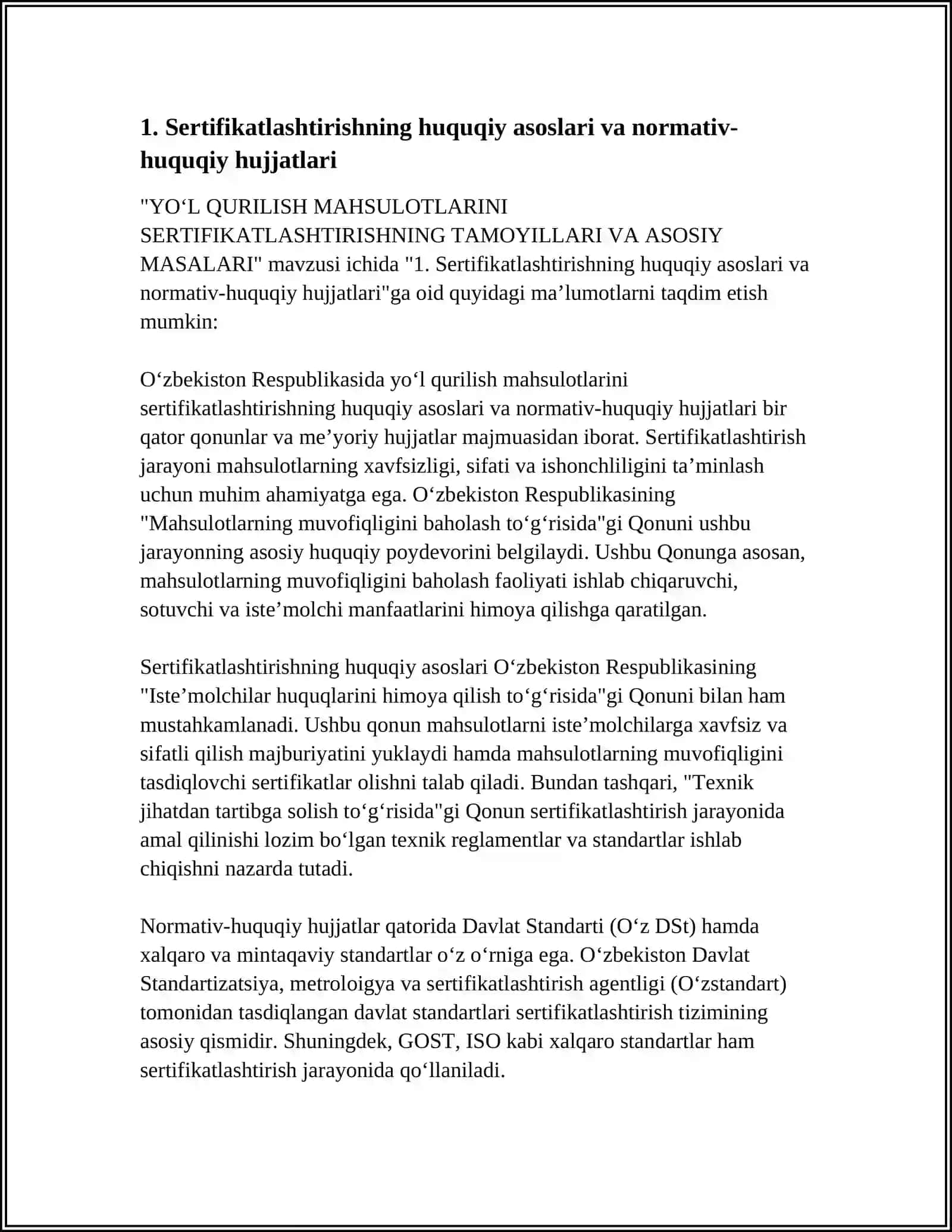 YOʻL QURILISH MAHSULOTLARINI SERTIFIKATLASHTIRISHNING TAMOYILLARI VA ASOSIY MASALARI 4