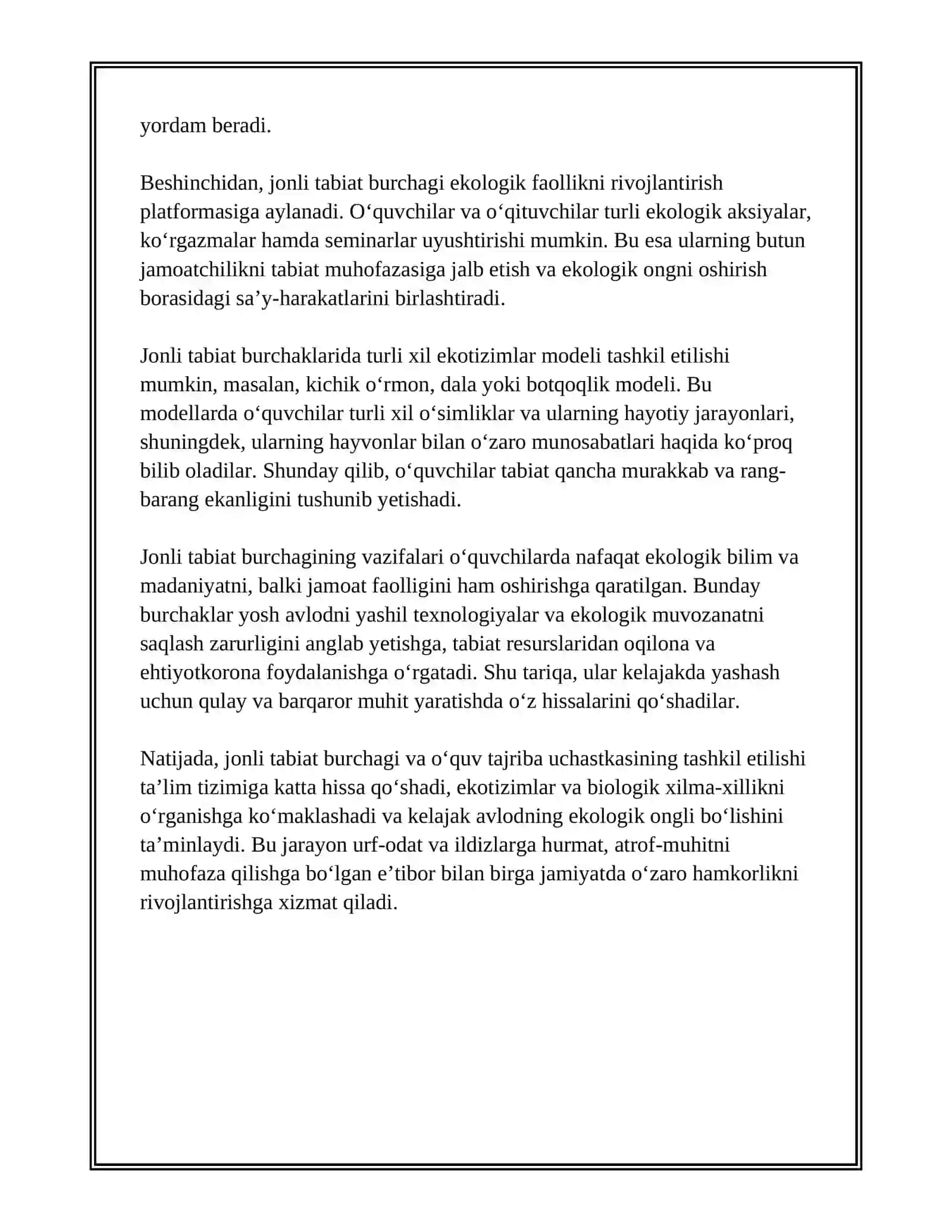 JONLI TABIAT BURCHAGI, OʻQUV TAJRIBA UCHASTKASI VA ULARNI TASHKIL ETISH 4