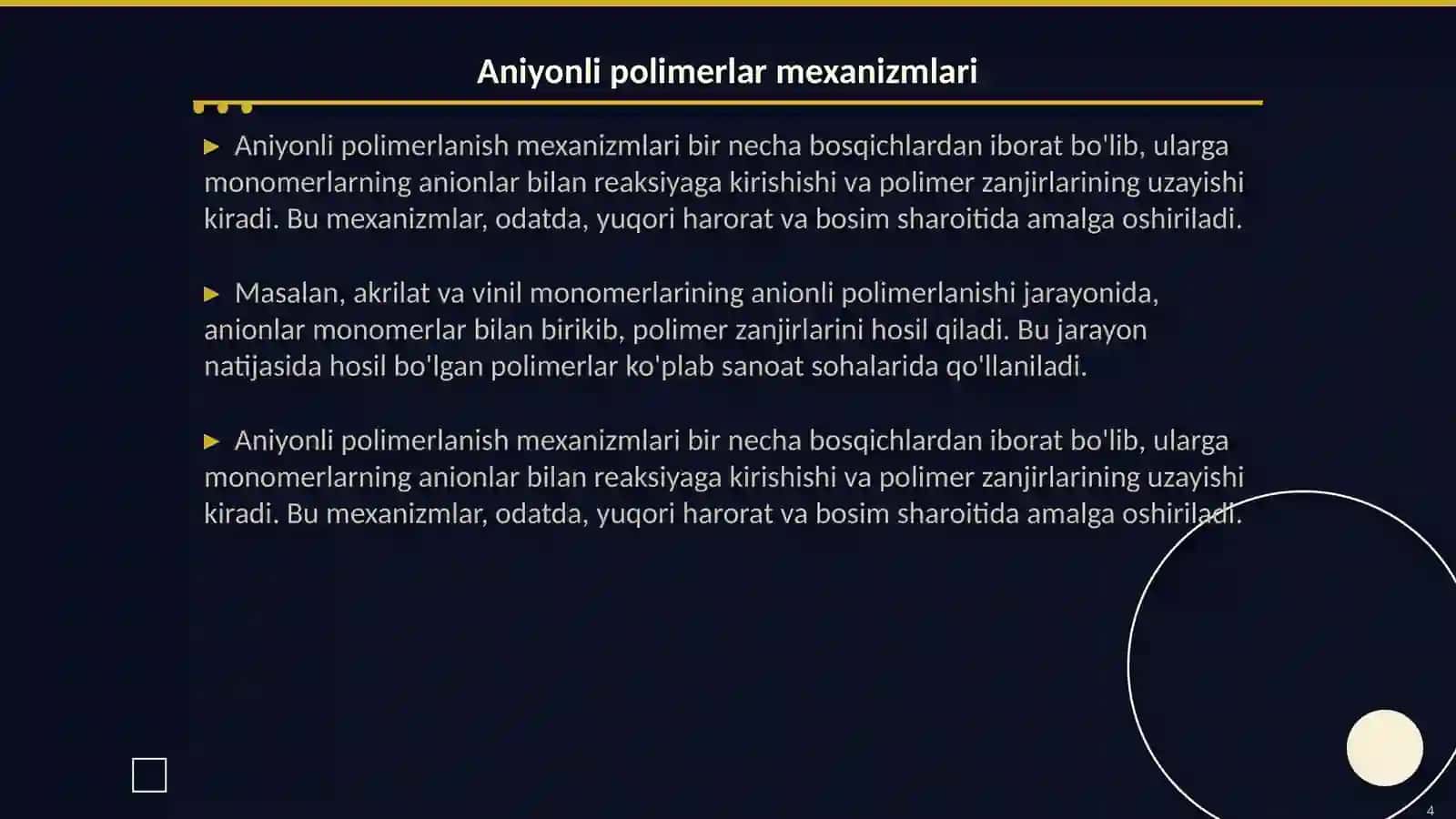 Aniyonli polimerlanish reaksiyalari va ularning o‘ziga xos xususiyatlari 4