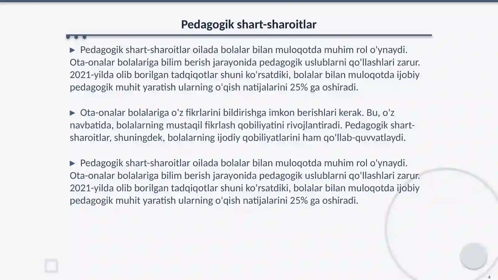 Oilada bolalar bilan muloqotni yo‘lga qo‘yishning pedagogik-psixologik shart-sharoitlari 4