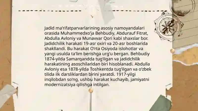 Jadid maʼrifatparvarlarining oʻlka ijtimoiy-maʼnaviy hayotida tutgan oʻrni. 4