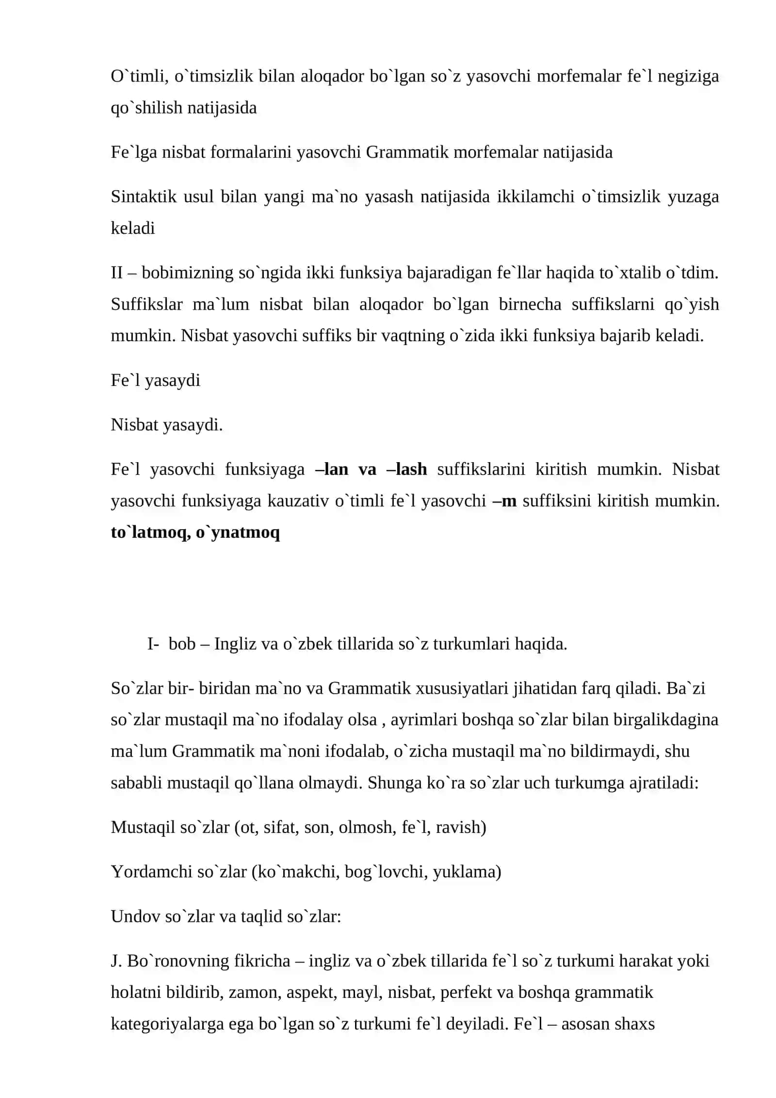 Hozirgi zamon ingliz va o`zbek tilidagi o`timsiz fe`llar fe`l birikmalari bilan kelishini anglatgan ma`nosiga ko`ra turli guruhlarga bo`linishini, o`timli fe`llar uch bo`lakli, o`timsiz fe`llar ikki bo`lakli guruhlarga bo`linishini badiy adabiyotdan olingan misollar asosida yoritishdir. Ingliz tilidagi o`timsiz fe`llarni o`zbek tilidagi o`timsiz fe`llar bilan taqqoslab ula 4