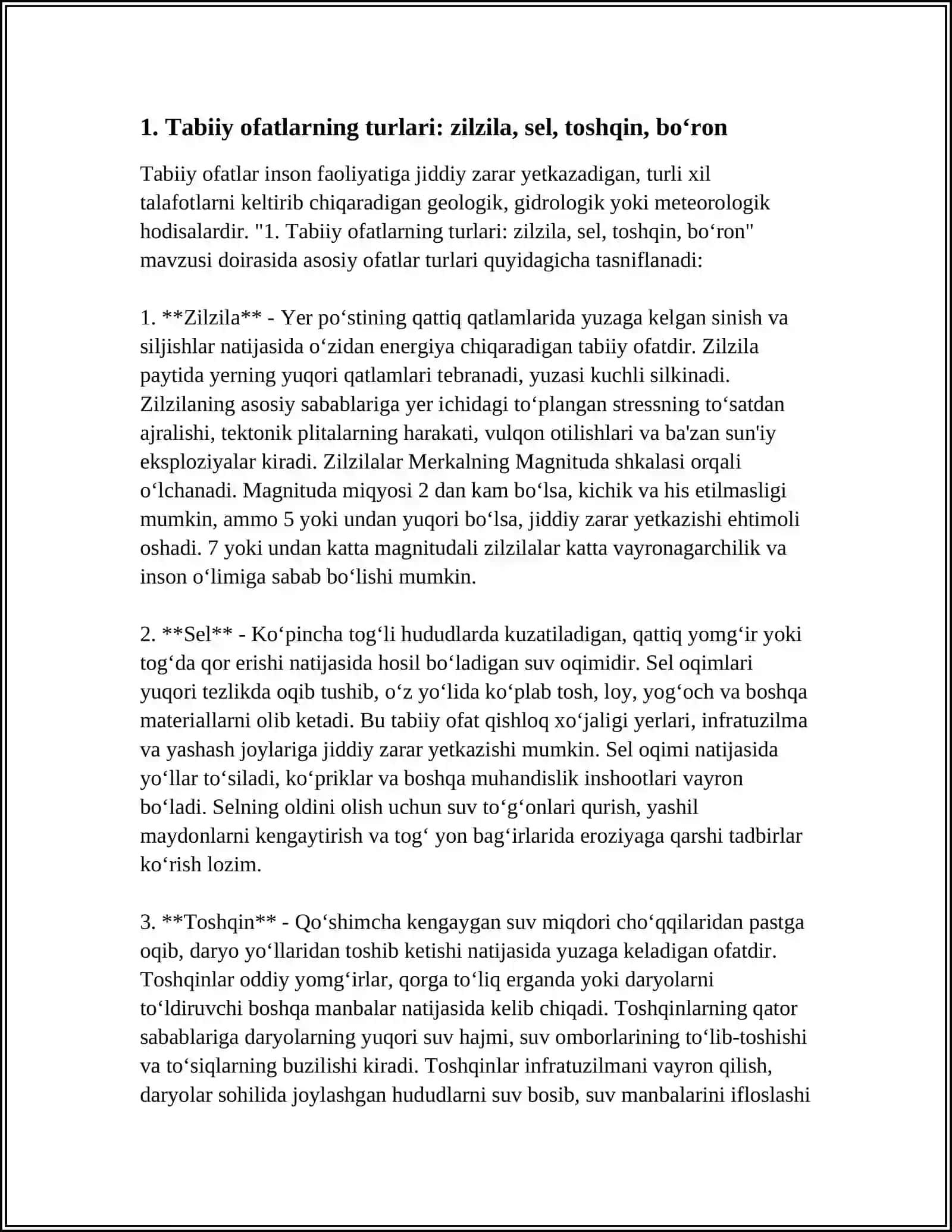 TABIIY, TEXNOGEN, EKOLOGIK XUSUSIYATLI FAVQULODDA VAZIYATLAR 4