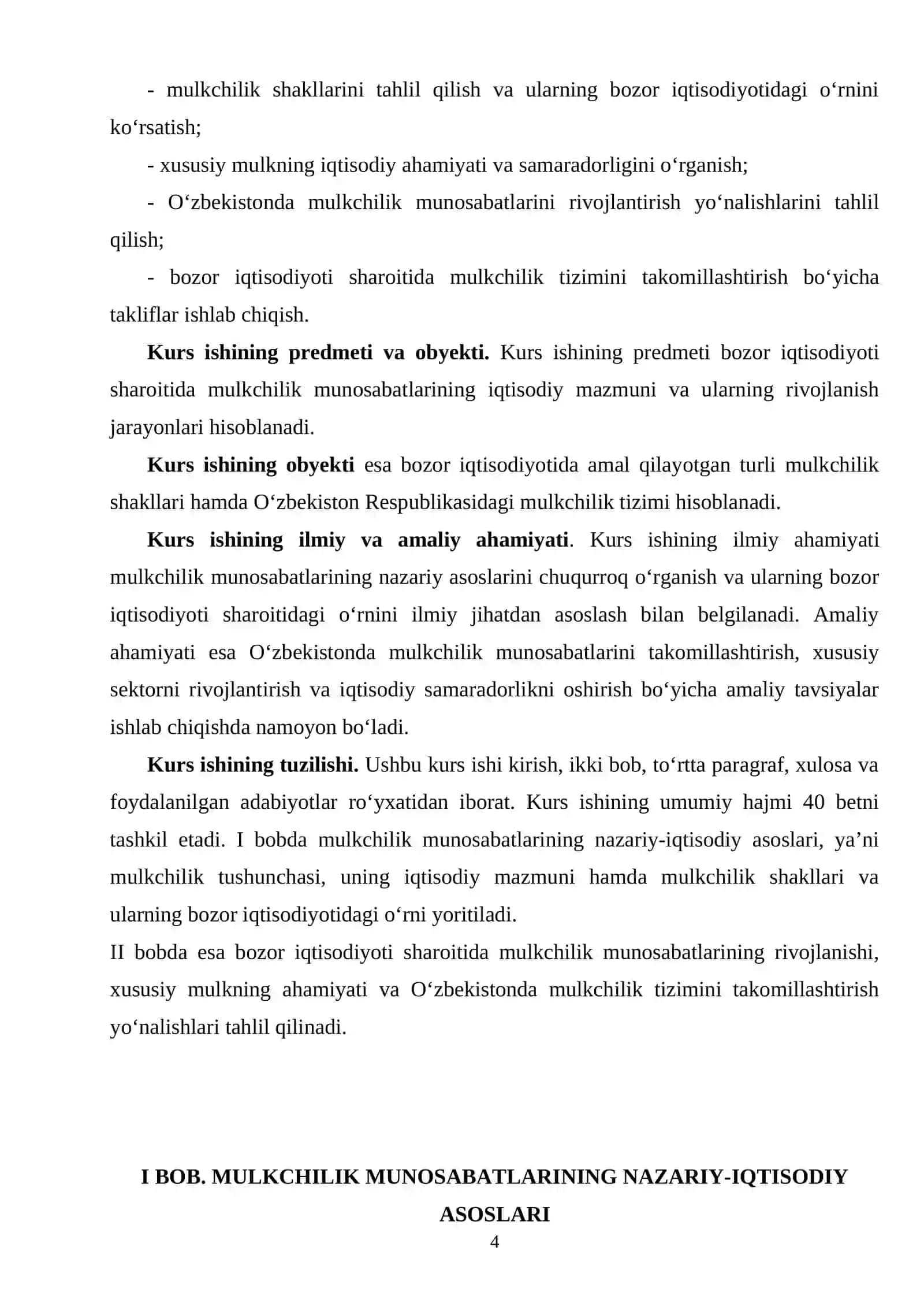 BOZOR IQTISODIYOTIDA MULKCHILIK MUNOSABATLARINING IQTISODIY MAZMUNI KURS ISHI 4