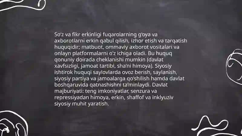 Fuqarolarning shaxsiy, siyosiy, ijtimoiy, iqtisodiy, ma'daniy va ekologik huquqlari 4