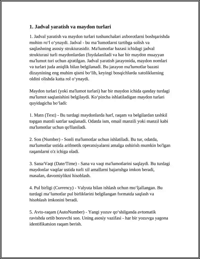 JADVALLAR, SO'ROVLAR, SHAKLLAR, XISOBOTLAR VA MODULLAR BILAN ISHLASH 4